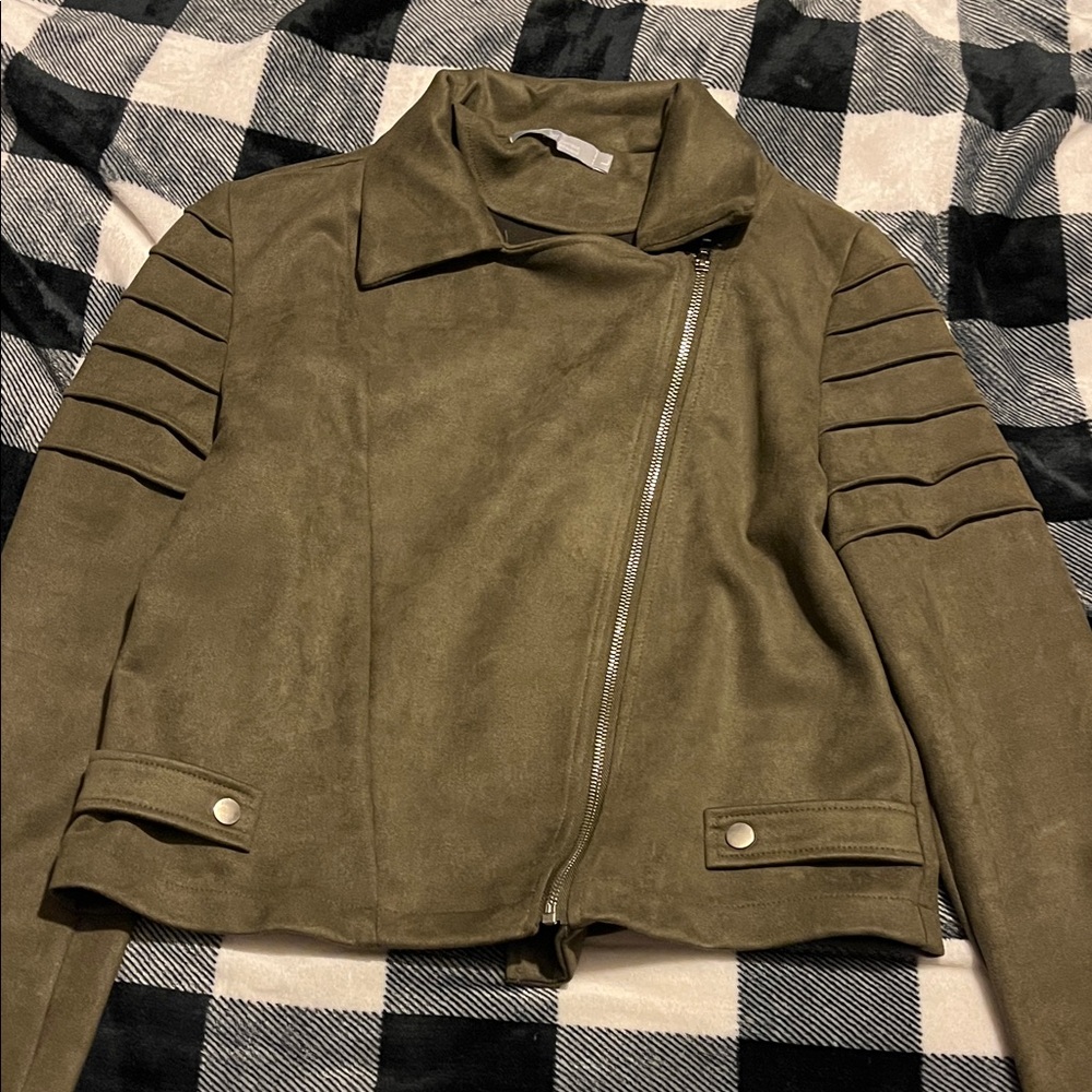Olive Green Suede Moto Jacket - Women